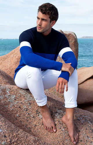 CYTHERE - ROYAL MER - V cotton breton sweater men buttoned shoulder