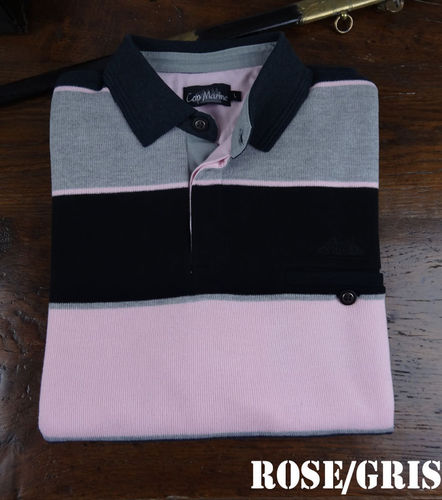 BOSCQ - CAP MARINE - polo homme coton 3 couleurs col boutonné ROSE/GRIS