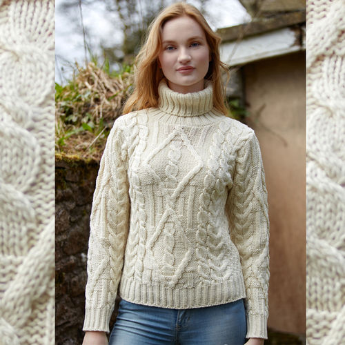 Pull Irlandais femme col roulé ARANCRAFT - R2080 - DONEGAL-INCH- NATURAL
