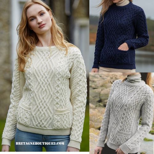 Pull Irlandais femme col rond ACLARE - ARANCRAFT C4443 - NATURAL