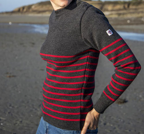 PAIMPOL pure wool BRETON SWEATER CHARCOAL/RED - MADE IN FRANCE